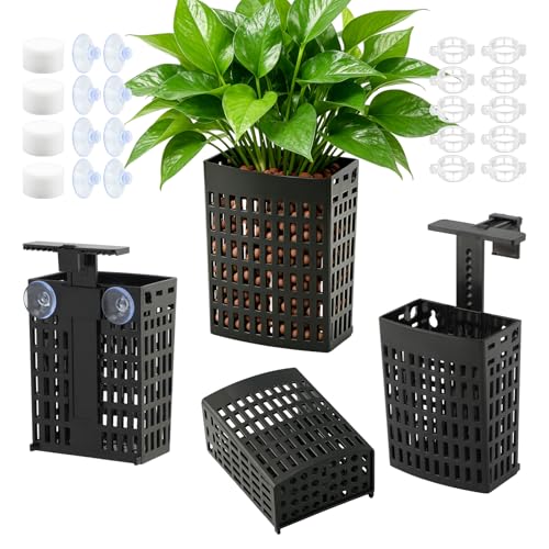 4 Pcs Aquarium Plant Holder, Adjustable Fish Tank Plant Holder with Hooks and Suction Cup, Fits Tank Edges up to 2.36 in, Accessory for Aquarium & Aquaponic Plant Cultivation Decor (Black)