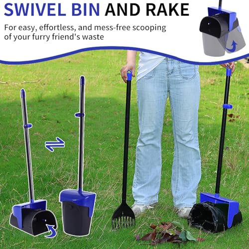 Pooper Scooper Large Swivel Bin & Rake with 160 Waste Bags,Heavy Duty Dog Pooper Scooper with Bag Attachment for Large Small Dogs, Long Handle Poop Scooper with Lid for Yard, Grass, Gravel (Blue) - color: Blue1