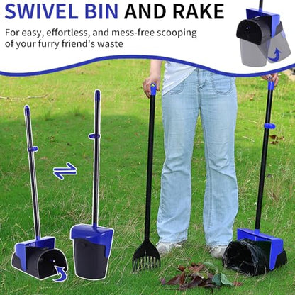 Pooper Scooper Large Swivel Bin & Rake with 160 Waste Bags,Heavy Duty Dog Pooper Scooper with Bag Attachment for Large Small Dogs, Long Handle Poop Scooper with Lid for Yard, Grass, Gravel (Blue) - color: Blue1