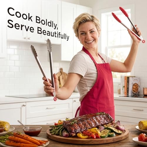 Kitchen Mama DuoEssentials Cooking Tongs Set, Red | Silicone Tip, Stainless Steel, Locking Ring, Heat Resistant, Non Stick Cookware Safe - color: Red