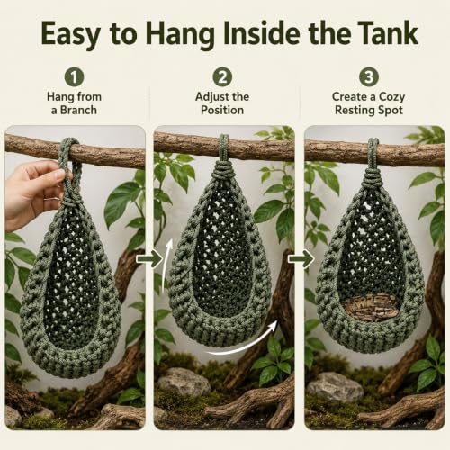 Snake Hammock for Terrarium, Handwoven Reptile Hanging Sleep Pouch, Soft Rope Hideout for Gecko, Small Lizard Tank Accessories(Black) - color: Black