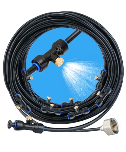 UNCO- Misting System, 59 FT, 20 Brass Mist Nozzles, 3/4" Brass Adapter, Misters for Outside Patio, Misting System for Patio, Garden, Greenhouse, Trampoline, Porch