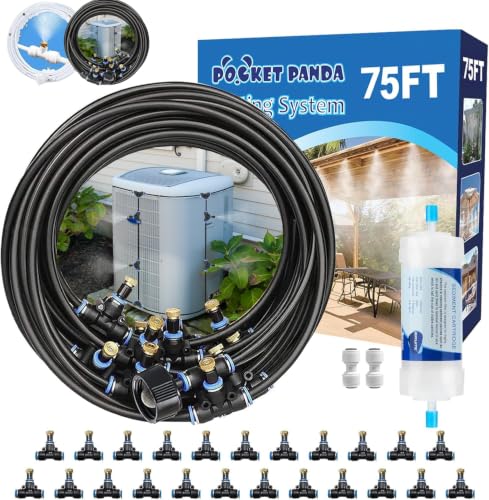 Misters for Outside Patio, Outdoor Misting Cooling System w Filter,75FT|23M | Backyard Mist Kit for Garden, Greenhouse, Fan,Deck,Umbrella,Canopy,Pool,Porch,Trampoline,Park,BBQ Party Accessories - size: 75FT-Flt