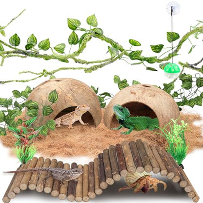 QUOZUO Crested Gecko Tank Accessories, Reptile Climbing Vines Hanging Plants with Coconut Shells Bridge Hideout Hermit Crab Decor for Bearded Dragon Lizard Chameleon Gecko Turtle Snake