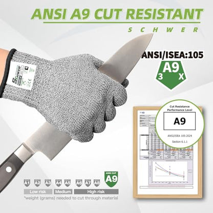 Schwer SlicePro ANSI Cut Resistant Gloves, Food Grade Cutting Glove for Kitchen Food Prep, Mandoline Gloves for Meat Cutting, Oyster Shucking, Fish Fillet Processing, PR1501-G, L | Non PFAS, No Glass Fiber, for Kitchen Food Prep, Mandolin Slicing, Meat Cu