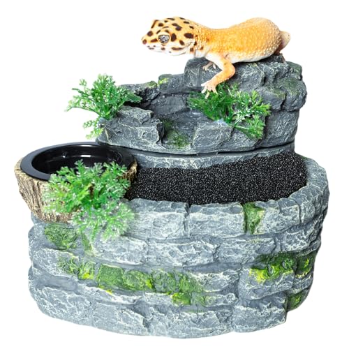 500ML Reptile Waterfall Fountain, Reptile Water Drinking Fountain for Bearded Dragons, Geckos & Lizards – Terrarium Waterfall with Feeding Bowl, Flowing Water, Natural Resin
