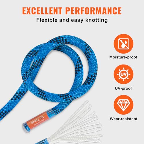 VEVOR 12.7mm Static Climbing Rope, 45.7M(150ft) Outdoor Rock Climbing Rope 30KN Breaking Tension, Fiber Rope for Escape, Rappelling, Fire Rescue, Blue - size: 150ft