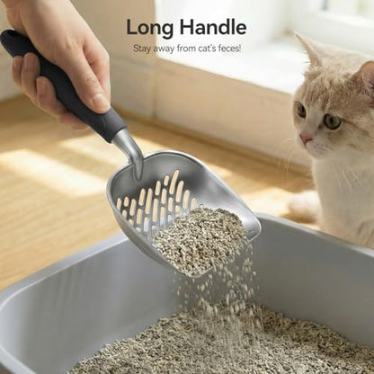 Cat Litter Scoop, Large Long Handle Kitty Metal Scooper | Heavy Duty Aluminum Deep Sifter, Ergonomic Non-Slip Grip, Rustproof Durable Poop Cleaner for Cat Litter Box - color: Black, size: Large
