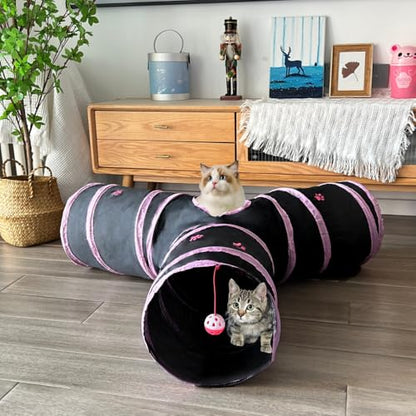 3-Way Collapsible Cat Tunnel Tube Toy Black Pink Paws | Interactive Play Tunnel by Hanging Ball & Peek Hole for Indoor Cats, Kittens, Puppies, Rabbits, Hours of Fun & Exercise - color: Black with Pink Paws