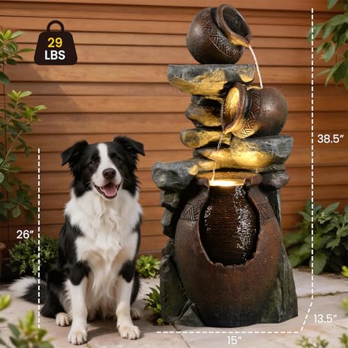 Rustic Jar Outdoor Water Fountain with Planter 38.5" Large Tiered Waterfall with Warm LED Lights, Handcrafted Resin Fountain for Zen Garden, Deck & Indoor Home Decor