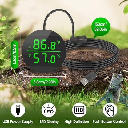 QZQ Reptile Thermometer and Humidity Gauge, Digital Display, 2-Pack Black | LED Thermometer Hydrometer, Reptile Tank Accessories for Bearded Dragon, Crested Gecko, Snake, Lizard, USB Power Supply - color: Black - 2 Pack