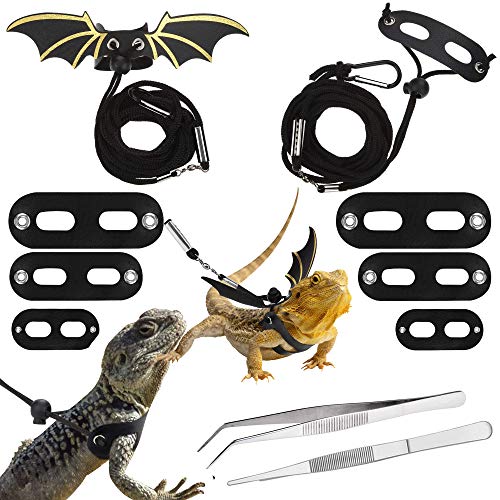 4 PCS Adjustable Bearded Dragon Harness and Leash, 2 Style 3 Size Adjustable Reptile Lizard Leash, 2 PCS Feeding Tweezers for Lizard Reptiles Amphibians Small Pet Animals