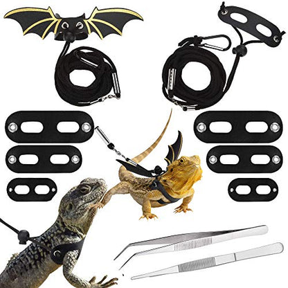 4 PCS Adjustable Bearded Dragon Harness and Leash, 2 Style 3 Size Adjustable Reptile Lizard Leash, 2 PCS Feeding Tweezers for Lizard Reptiles Amphibians Small Pet Animals