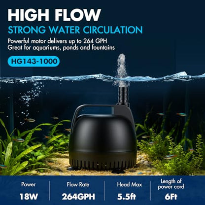 hygger 264GPH Aquarium Submersible Pump, Fish Tank Water Pump Adjustable Flow with 2 Nozzles, 5.5 ft High Lift Quiet Fountain Pump for Aquarium, Pond, Hydroponics, Water Garden - size: S