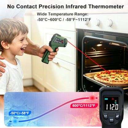 Infrared Thermometer Gun for Cooking Griddle,Grill,Oven,Fridge,A/C, Non Contact IR Thermometer Laser Temperature Gun with -58℉ to 1112℉,Color LCD,Cal Calibration, Adjustable Emissivity,Min Max Measure - color: Green