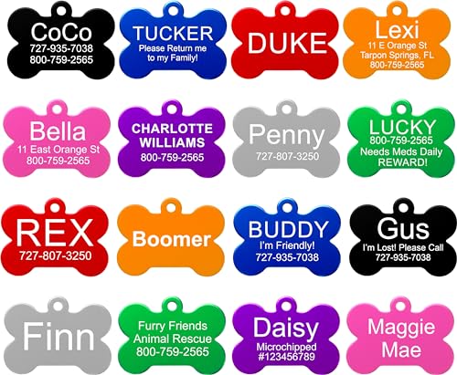 Providence Engraving Custom Engraved Aluminum Pet Tags, Cat & Dog ID Tags | Cat & Dog Tags Personalized for Pets, Laser Engraving, 4 Lines of Text, Includes Split Ring, 9 Colors, 8 Shapes & 2 Sizes