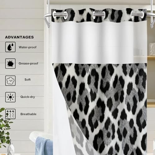 Pink Leopard Print No Hooks Shower Curtain with Snap in Liner Set, Animal Nature Cat Wildlife Fur Tub Curtainn Mesh Top Window & Magnetic Hem Waterproof 35.5X74 Inch - color: Animal Leopard Print Black2, size: 35.4"W x 74"L (Pack of 1)