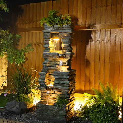 Tankana 60 inches Large Outdoor Water Fountain Waterfall — Garden Rock Fountains 4-Tiered Waterfalls Outdoor with Lights Natural Stone Look Hollow Fountain for Patio Pool Porch Backyard, Stone Gray