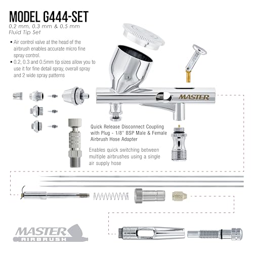 Master Airbrush Multi-Purpose Air Brush Kit with Air Compressor - G444 Airbrush, TC-326T Dual Fan Tank Compressor, 3 Needle Nozzle Tips, 12 Createx Wicked Acrylic Paints and Airbrush Cleaning Kit - size: G444 Airbrush Kit