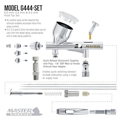 Master Airbrush Multi-Purpose Air Brush Kit with Air Compressor - G444 Airbrush, TC-326T Dual Fan Tank Compressor, 3 Needle Nozzle Tips, 12 Createx Wicked Acrylic Paints and Airbrush Cleaning Kit - size: G444 Airbrush Kit