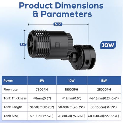 hygger Aquarium Wave Maker 10W 1500GPH Submersible Water Circulation Pump with Magnetic Base, Quiet Rotating Powerhead for 20-80 Gallon Freshwater & Saltwater Tanks - size: M