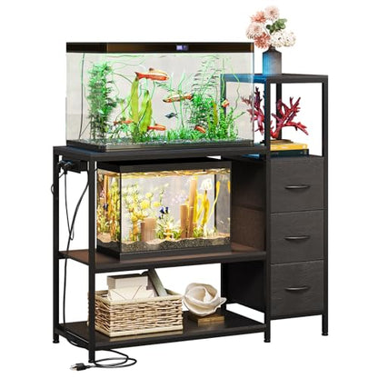 20 Gallon Aquarium Stand with Drawers & Power Outlet, Black | Fits 20 Gallon Tanks; Reptile Tank Stand; 3-Tier Storage Shelves; Adjustable Height; Heavy-Duty Metal Frame - color: Black