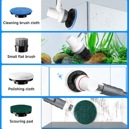 AQQA 8-in-1 Electric Aquarium Cleaning Kit, Grey | IPX9 Waterproof, Cordless Rechargeable, Glass Scrubber, Handheld Fish Tank Cleaner