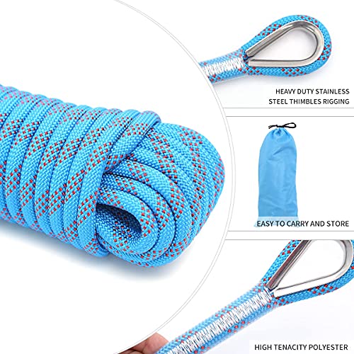 10mm/12mm (32FT/64FT) Climbing Rope, Outdoor Static Rock Climbing Rope, Tree Climbing Rappelling Rope, Escape Nylon Rope, Ice Climbing Equipment Fire Rescue Parachute Rope with 2 Steel Hooks - color: Blue, size: 10mm/64ft