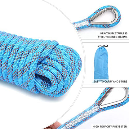 10mm/12mm (32FT/64FT) Climbing Rope, Outdoor Static Rock Climbing Rope, Tree Climbing Rappelling Rope, Escape Nylon Rope, Ice Climbing Equipment Fire Rescue Parachute Rope with 2 Steel Hooks - color: Blue, size: 10mm/64ft