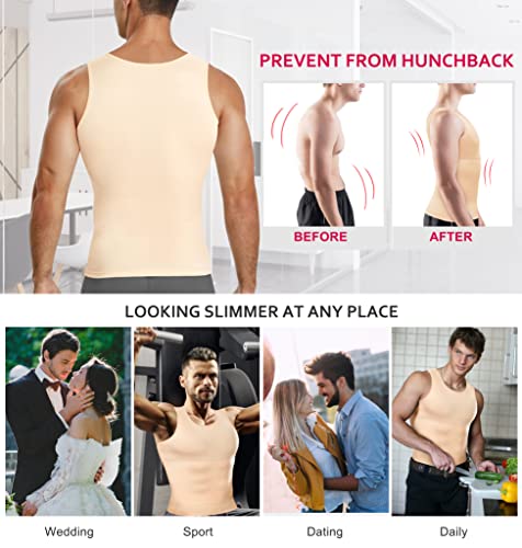 Gotoly Men's Compression Shirt Shapewear Slimming Body Shaper Vest | Man boobs slimming, double-layer tummy control, seamless round neck, invisible under fitted tees, 4-way stretch fabric - color: Beige, size: X-Large