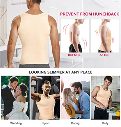 Gotoly Men's Compression Shirt Shapewear Slimming Body Shaper Vest | Man boobs slimming, double-layer tummy control, seamless round neck, invisible under fitted tees, 4-way stretch fabric - color: Beige, size: 4X-Large