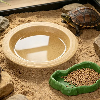 Reptile Bathing Pool with Pet Food Feeding Plate, Embedded Turtle Bathing Pool with Ramp Reptile Feeding Dish Water Bowl Habitat Accessories for Gecko, Snake, Turtle, Bearded Dragon, Lizard Bath