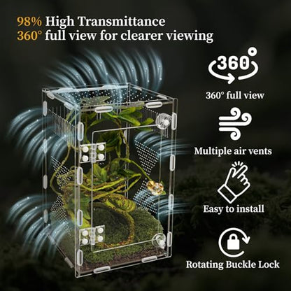 Acrylic Jumping Spider Habitat, Reptile Terrarium Easy Assembly, Bug Enclosure, Praying Mantis Habitat, Frog Enclosure, 9.8 * 5.9 * 5.9in - size: M-9.8*5.9*5.9in-Upgrade