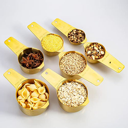 7-Piece 18/8 Stainless Steel Measuring Cups Set, Gold | Includes 1/16, 1/4, 1/3, 1/2, 2/3, 3/4 and 1 Cup, Engraved US and Metric Markings, Pour Spouts and Ring Connector - color: Gold, size: 7 Piece