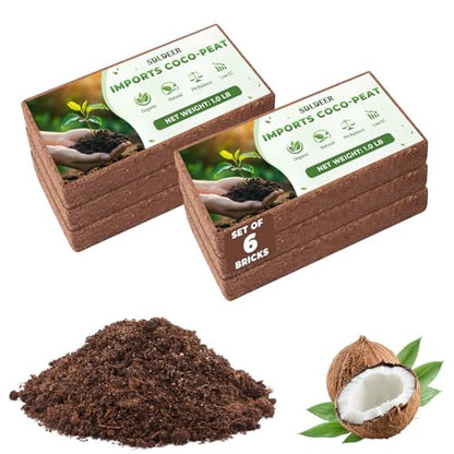 Coco Coir Bricks - Compressed Coconut Fiber Substrate for Plants, Gardening, Potting Mix. Low EC & Balanced pH Natural Growth Medium for Seed Starting, Herbs, and Gardening (6 PCS) - size: 6 PCS