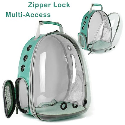 Bird Traval Carrier Cage, Clear Space Capsule Astronaut Backpack to Carry Parakeet Cockatiel Parrot with Metal Tray Bird Feeder Wood Perch, Vet Transport School Bag - color: Green