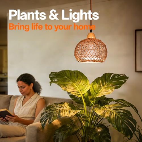 Hanging Grow Light for Indoor Plants 18W | Full Spectrum Plant Light, With 4H/9H/14H Timer, Boho Rattan Shade, 3800K Hanging Lights for Indoor Plants - size: Rattan Lantern-Hanging