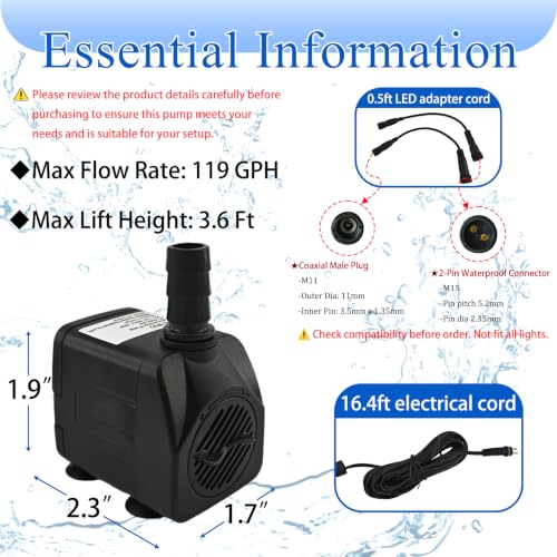 SAC SMARTEN ARTS Submersible Water Pump - Quiet, 119GPH, 10W, 12V, 3.6ft Lift for Aquariums, Fountains, Ponds, Hydroponic Systems