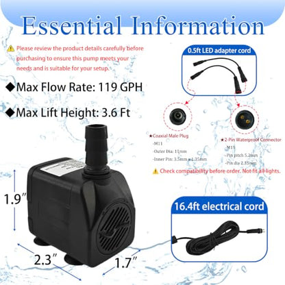 SAC SMARTEN ARTS Submersible Water Pump - Quiet, 119GPH, 10W, 12V, 3.6ft Lift for Aquariums, Fountains, Ponds, Hydroponic Systems