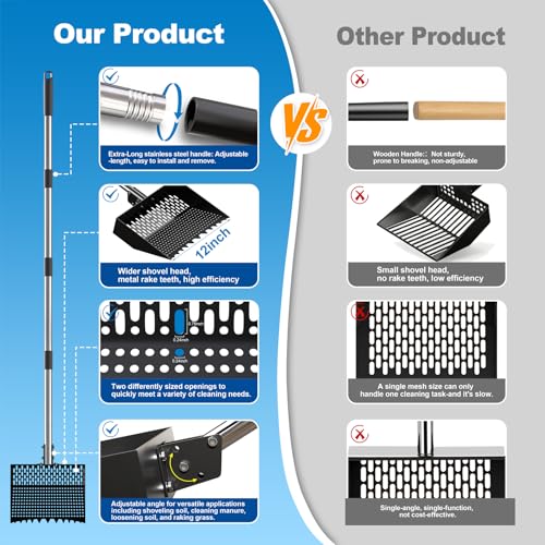 12-Inch 2-in-1 Chicken Poop Scooper & Rake, Chicken Coop Scoop with Adjustable Stainless Steel Handle （24–64"）, 3 Angles & 2 Sifting Holes, Litter Scoop Sand Sifting Shovel Pooper Scooper (Black) - color: Black