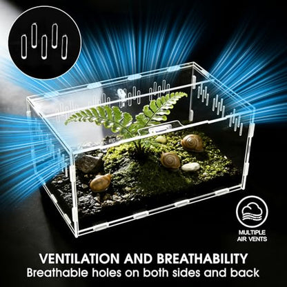 Acrylic Reptile Terrarium, Tarantula Enclosure(Tweezers & Bowl Included) | Reptile Tank with Magnetic Door for Spiders, Mantis, Frogs, Snails & Isopods, 11.4"x7.8"x5.9"