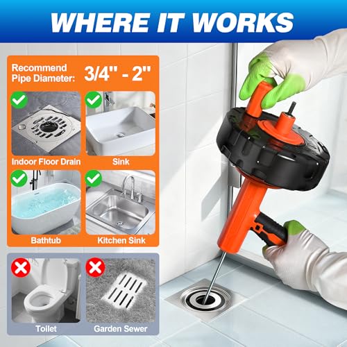Drainsoon Auto Feed Drain Auger with Drill Adapter, 33 Feet Drain Snake Hair Clog Remover, Manual or Powered Plumbing Snake Drain Cleaner for Bathroom, Shower, Kitchen Sink, Comes with Gloves - color: Orange