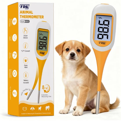 FDK 8-Second Dog & Cat Thermometer, Fast Digital Pet Rectal Thermometer with Large Backlight Screen, Fever Alarm Flexible Comfortable Soft Tip, Waterproof Veterinary Supply for Animals °C/°F