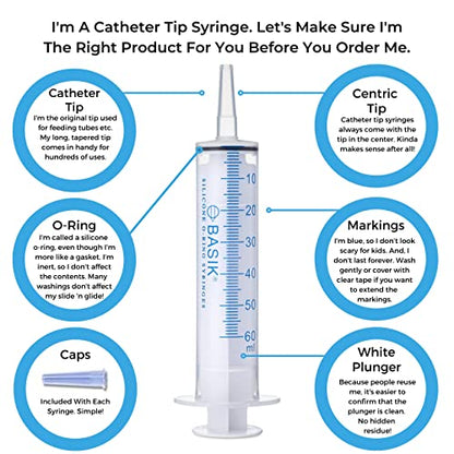 BASIK 60ml Enteral Feeding Syringe Cath Tip 60cc Silicone O-ring Tube Feeding With Caps Craft and Garden Syringe Pet Feeding 5/pack | Reusable Silicone O-Ring Plunger Can Be Reused Without Sticking