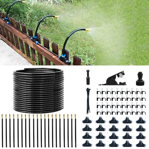Quibbay 65.6Ft 360° Adjustable Drip Irrigation System Kit, Automatic Garden Watering System with 20 Copper Nozzles, Atomizing Misting Watering System with 360° Bending Dropper for Plant Lawn Patio - size: 65.6FT