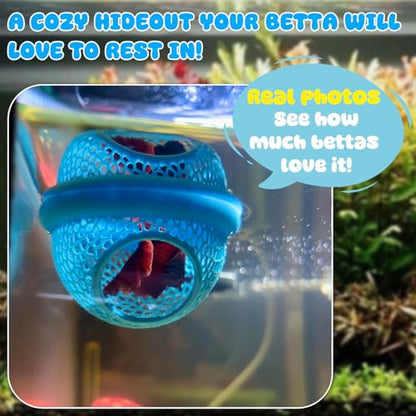 Blue Floating Betta Hide & Shrimp Cave: 3-in-1 Aquarium Hammock, Feeder & Resting Spot for Betta Fish, Shrimp & Small Fish | Eco-Safe PLA - color: Blue