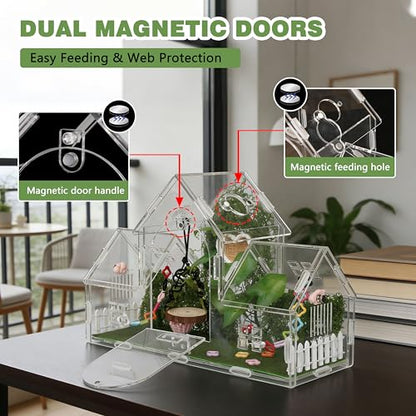 20-Piece Jumping Spider Enclosure Kit, Acrylic Terrarium with 360° View & Magnetic Doors, Complete Accessories Set for Tarantula, Mantis, Small Reptiles, 11.8" L x 4.5" W x 8" H - color: Green