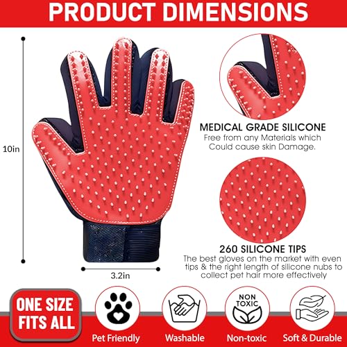 Upgrade Pet Grooming Gloves, Grooming Gloves for Dogs, Cats, Rabbits & Horses with Long and Short Hair, Efficient Pets Hair Remover Mittens - 1 Pair (Red) - color: Red