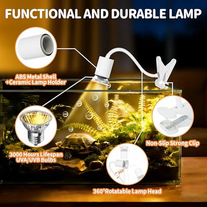 GOZILLA Reptile Heat Lamp, Turtle Lamp with 360° Goose Neck Rotatable Timing & Dimming Cycle Timer, 25W+50W UVA/UVB Reptile Light Bulbs for Reptiles and Amphibian Tanks, Terrariums and Cages.(White) - color: Goose Neck-White