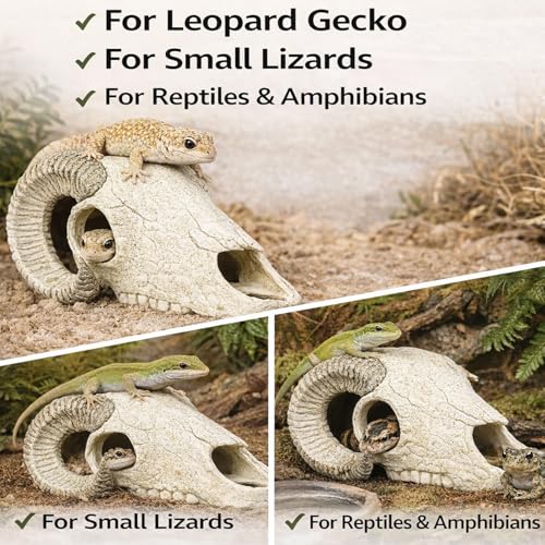 Reptile Hide Cave, Ram Skull Resin Shelter for Leopard Gecko, Lizard, Small Snake, Frog and Salamander, Terrarium Aquarium Fish Tank Decor for Small Reptiles and Amphibians